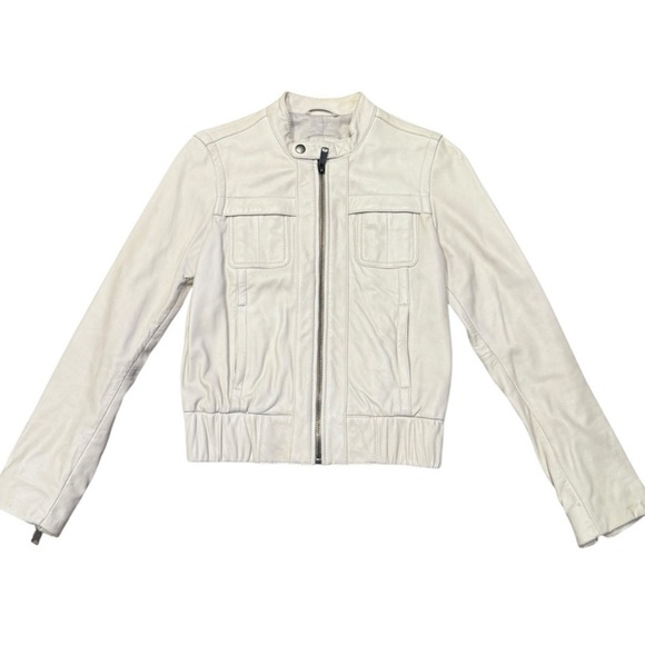 GAP Jackets & Blazers - GAP Off White Leather Jacket Bomber Button Collar High Neck Military y2k vintage